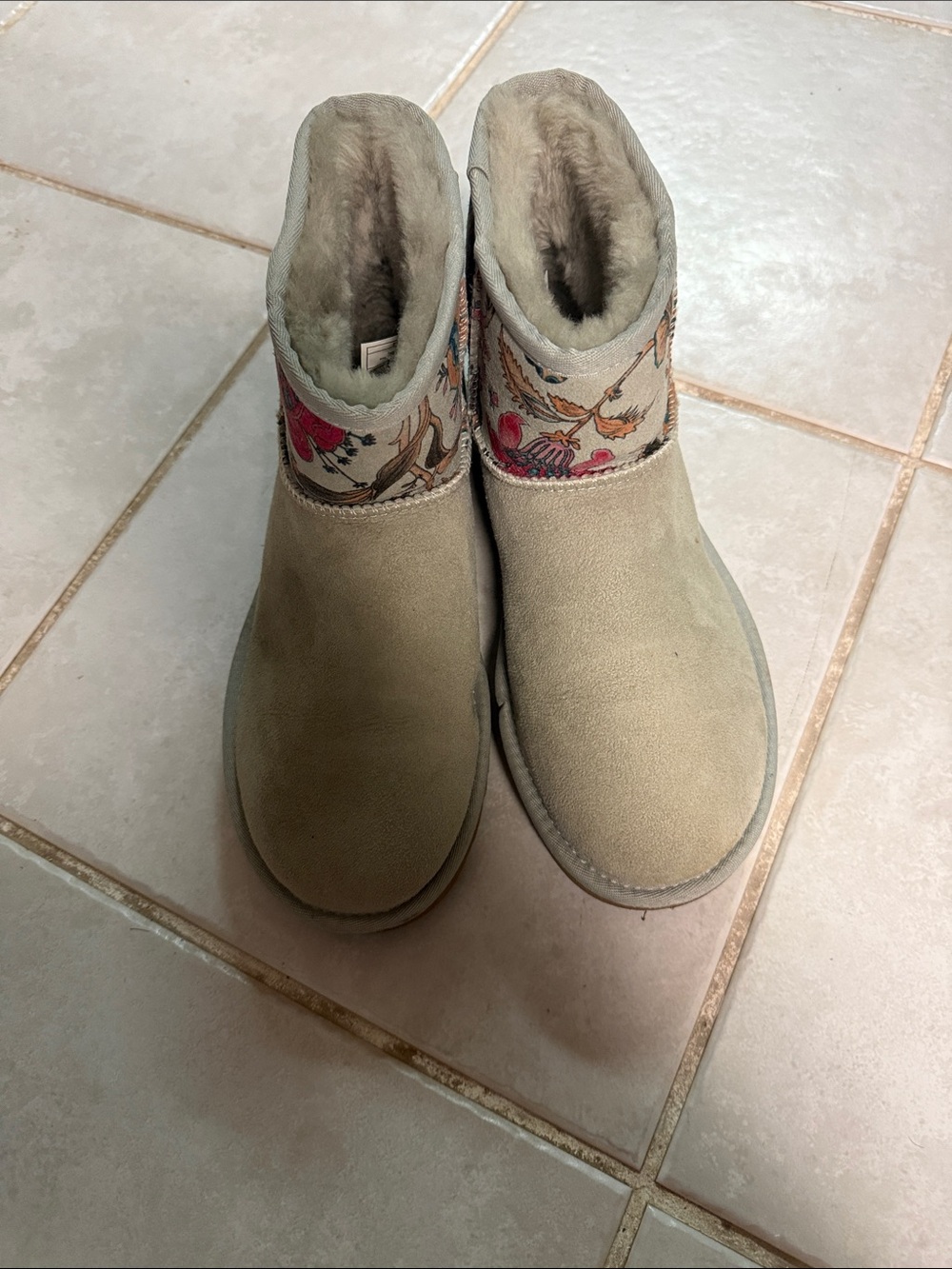 UGG Short Suede Winter Boots in Beige with Floral Cuff